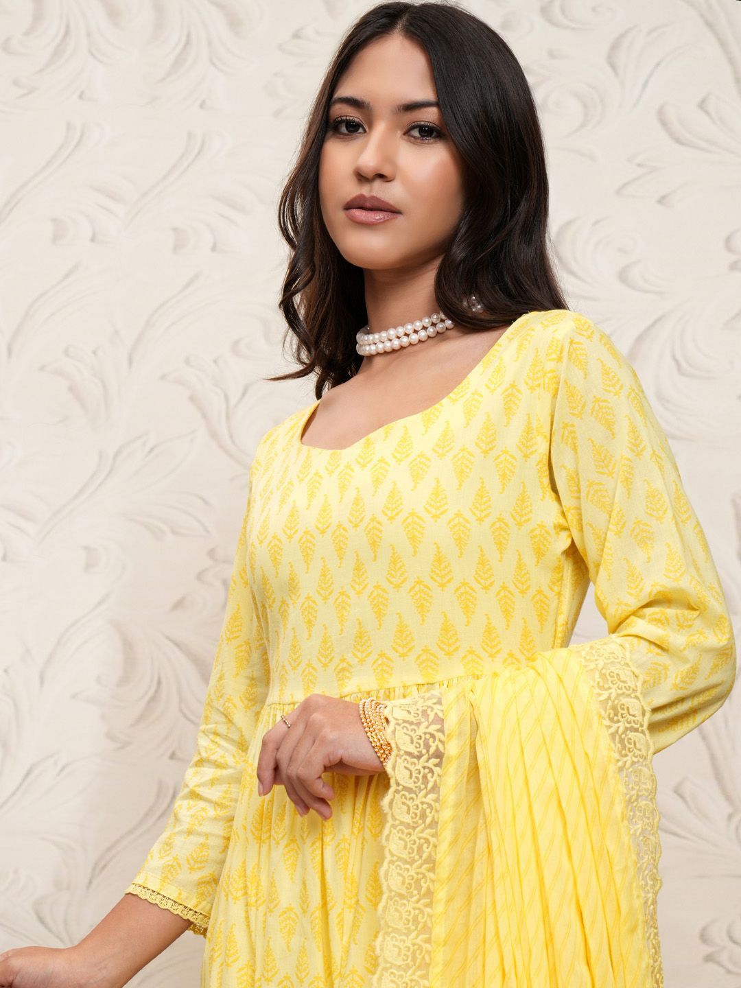 Vishudh yellow Ethnic Motifs Printed Anarkali Gathered Kurta With Trousers & Dupatta