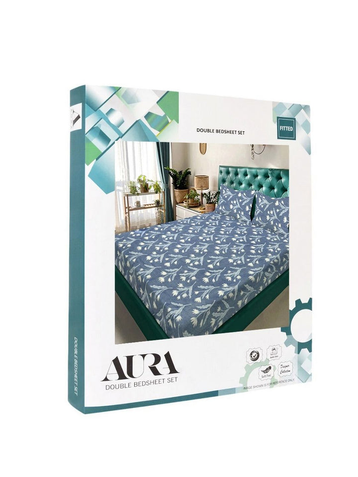 Aura Blue & White Floral Printed Fitted 300 TC King Bedsheet Set 2.50 m x 2.25 m