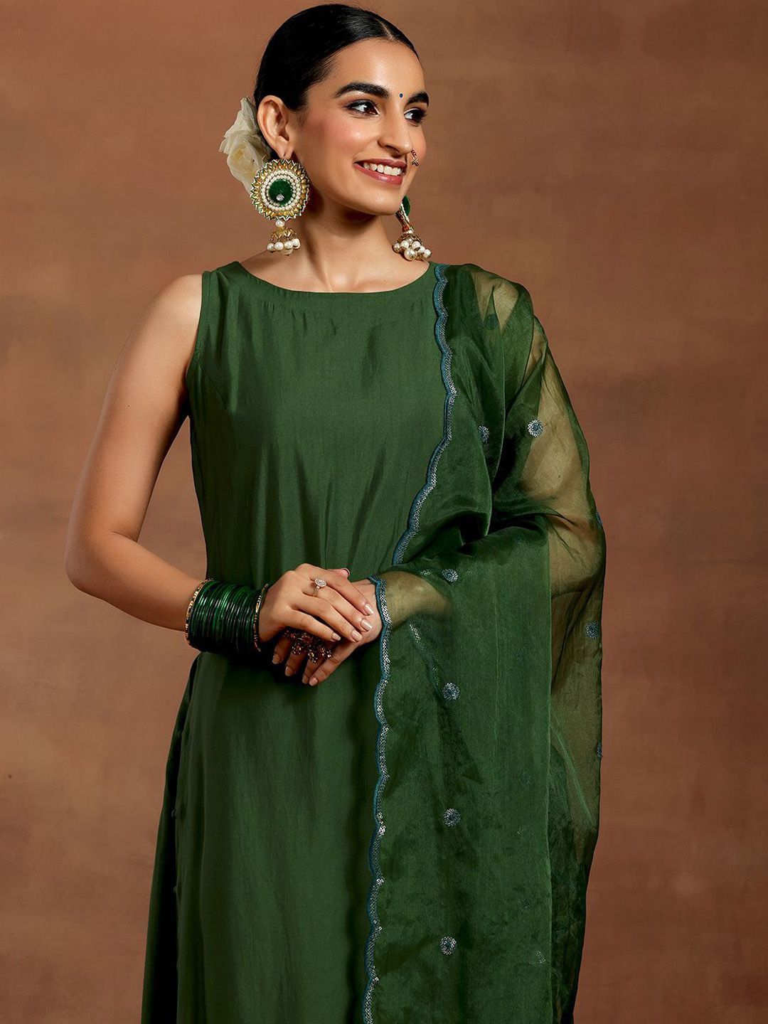 Libas Boat Neck Sleeveless Straight Kurta With Palazzo & Dupatta