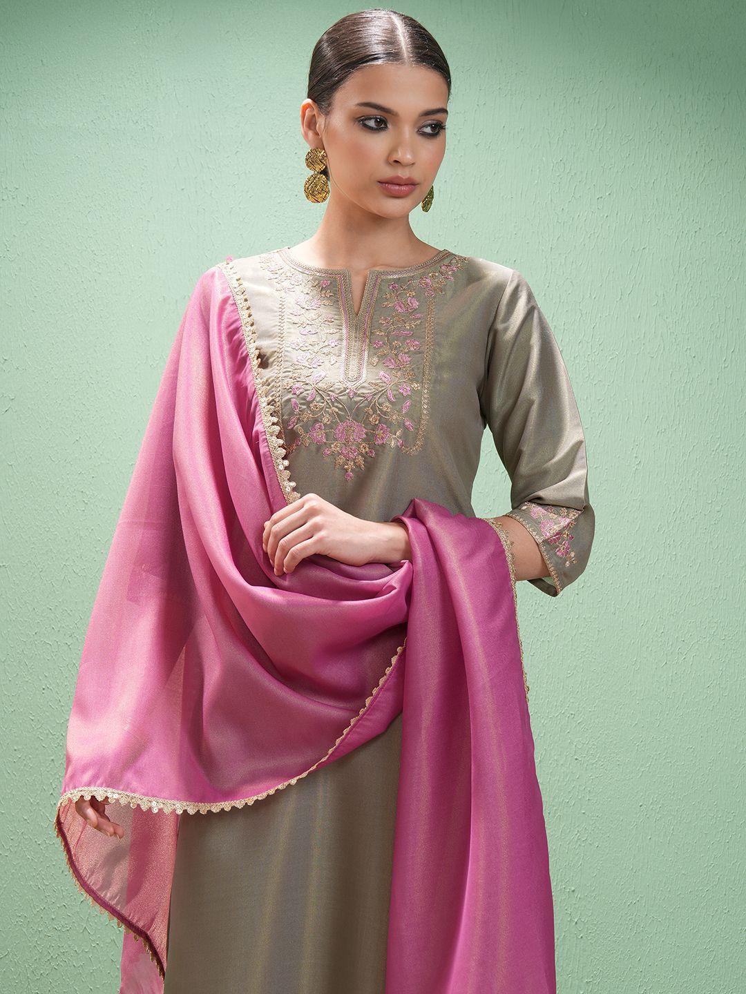 Vishudh Women Ethnic Motifs Embroidered Regular Thread Work Kurta with Trousers & With Dupatta