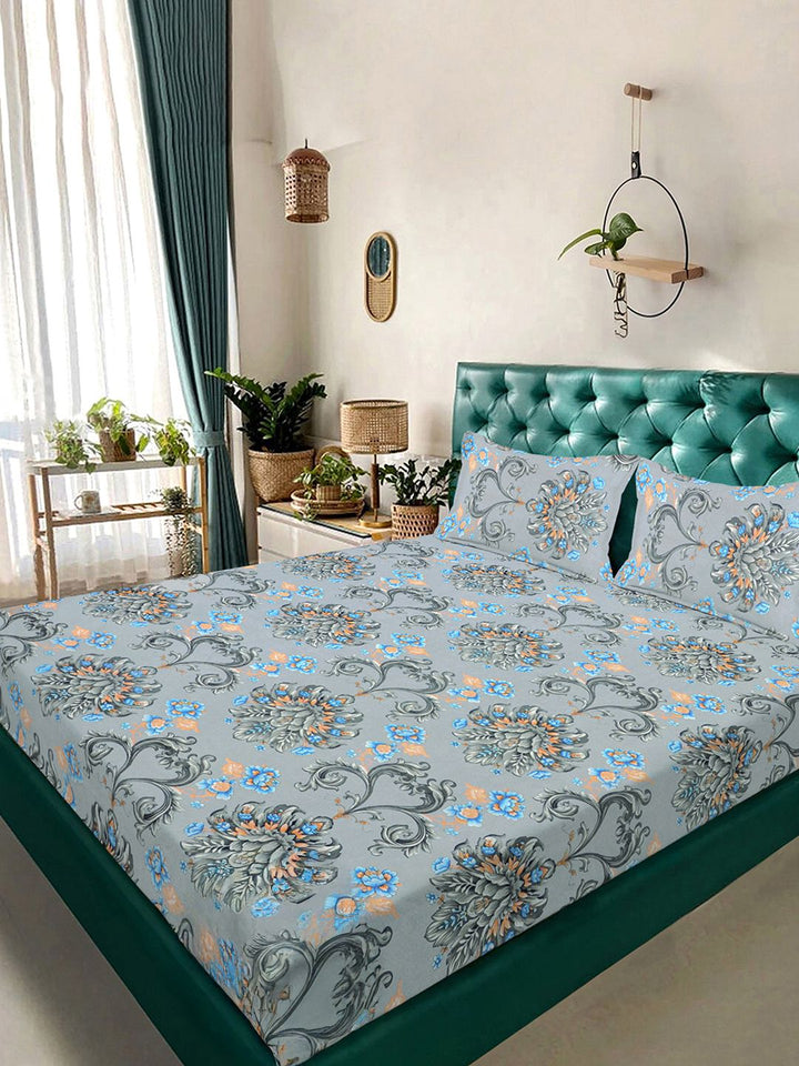 KLOTTHE Grey & Blue Floral Printed Dilengkapi 400 TC King Bedsheet Dengan 2 Sarung Bantal