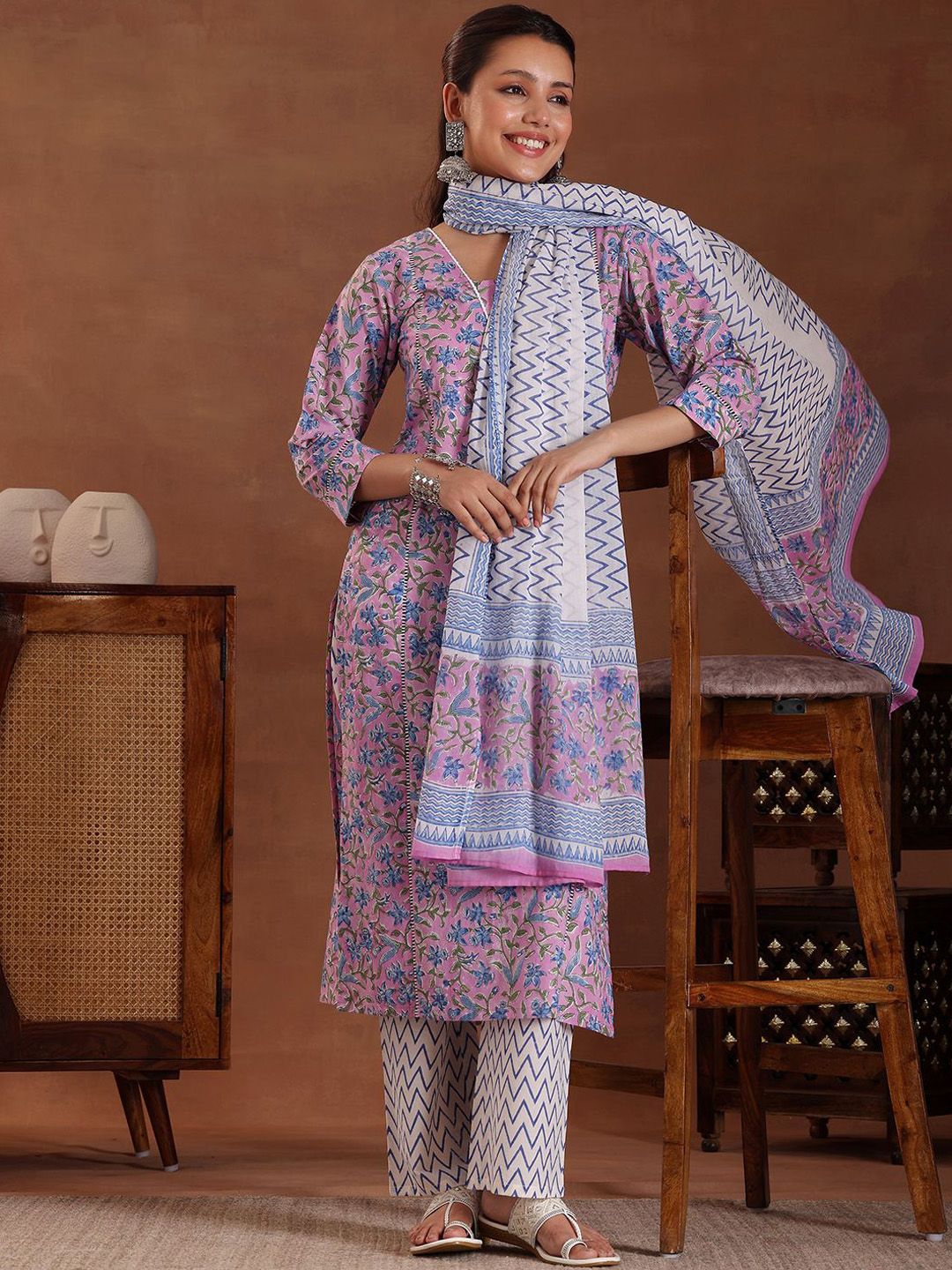 Libas Floral Printed Panelled Pure Cotton Straight Kurta With Trousers & Dupatta