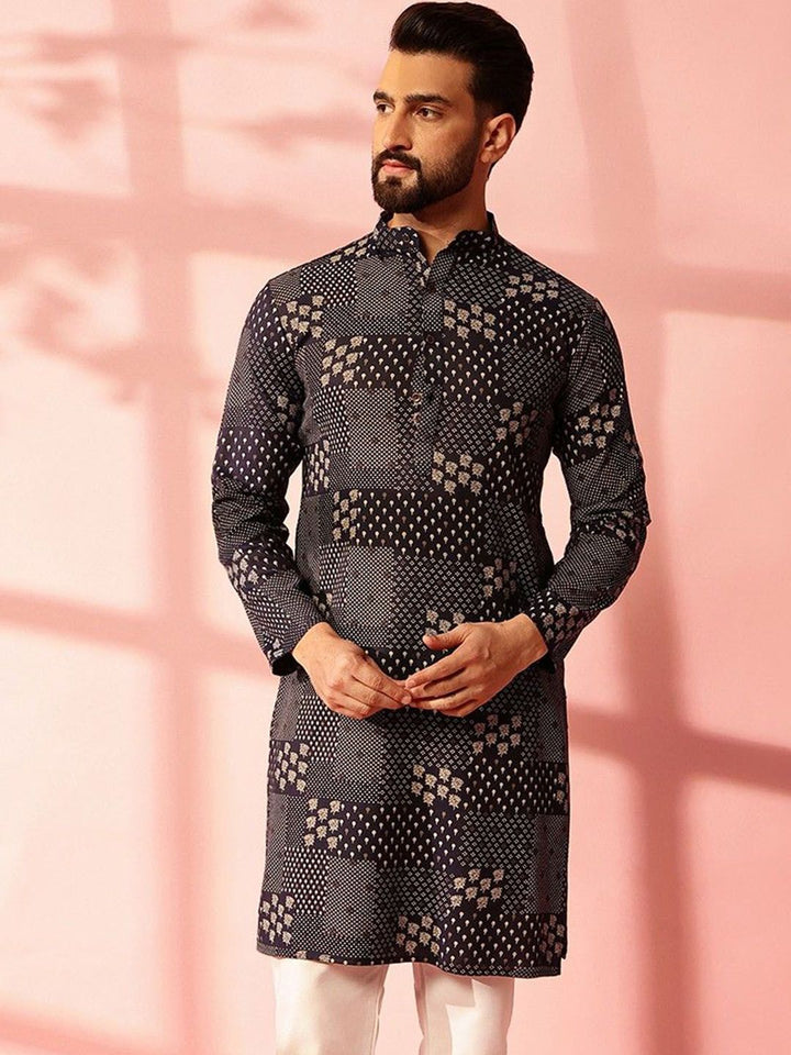 Anouk Floral Printed Band Collar Straight Cotton Linen Kurta
