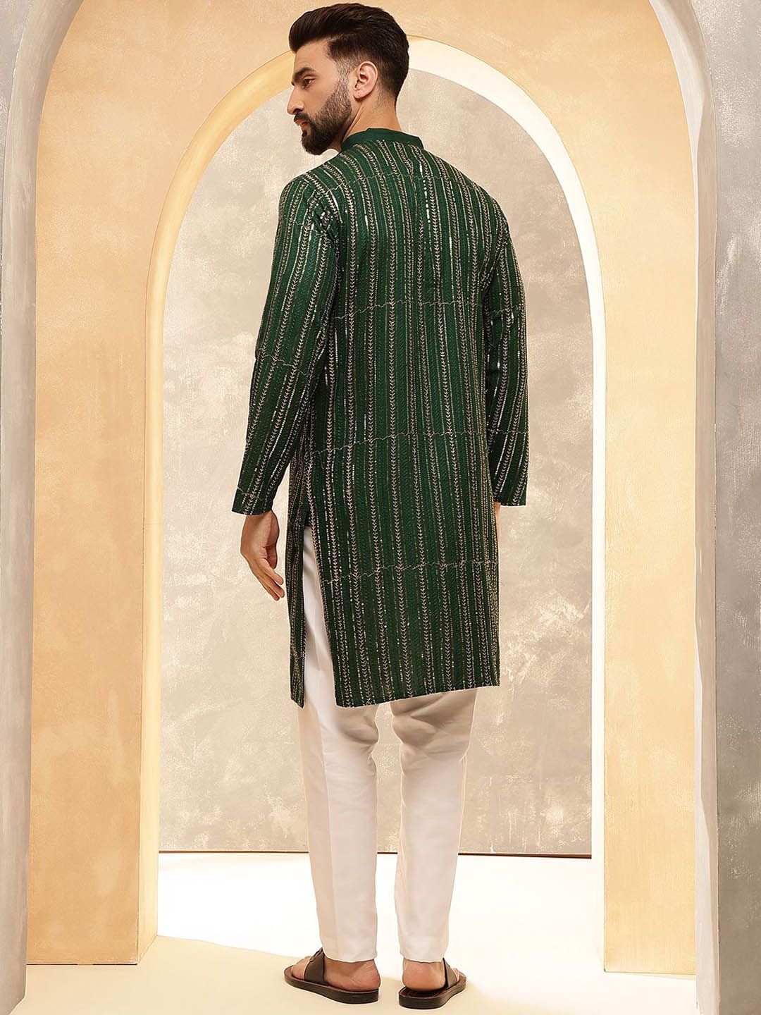 Anouk Green Geometric Sulam Jujukan Jalur Kolar Kurta Lurus