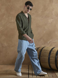 DENNISON Men Olive Double Gauge Self Design Shirt