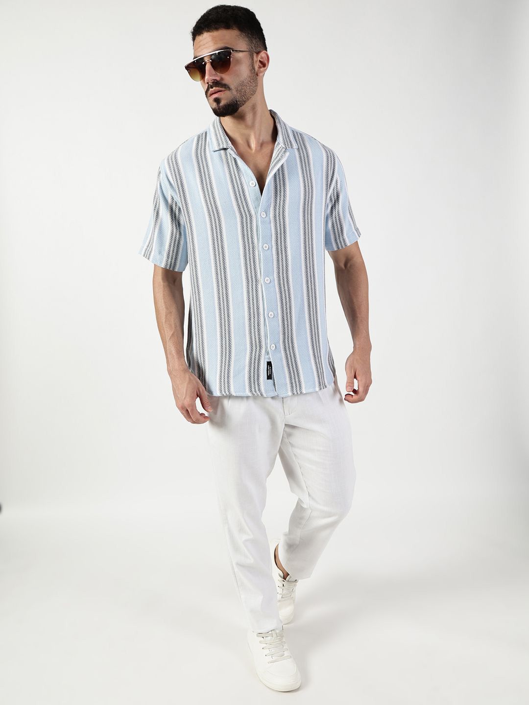 Thomas Scott Men Premium Spread Collar Vertical Striped Cotton Slim Fit Casual Shirt