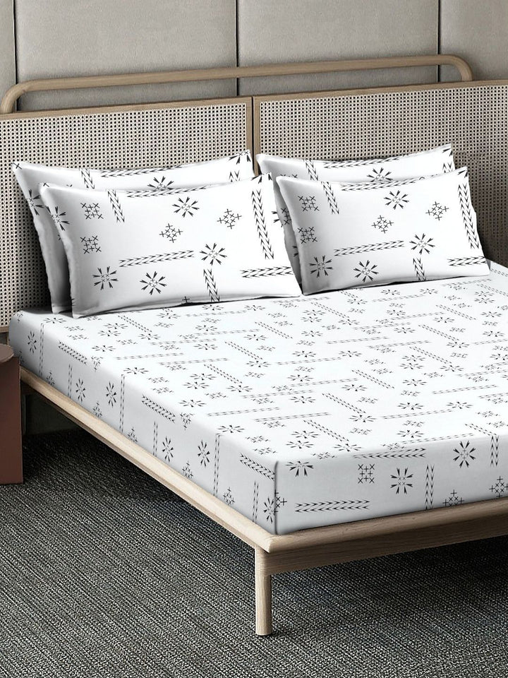 Myntra Elegant Homes White Geometric 400 TC Super King Bedsheet with 2 Pillow Covers