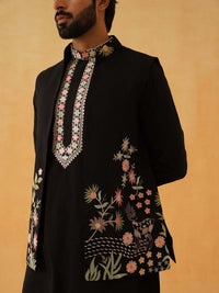 SOJANYA LUXE Floral Yoke Design Thread Work Cotton Silk Kurta With Trousers & Nehru jacket