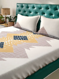 KLOTTHE Cream Geometric Printed Fitted 300 TC Double King Bedsheet With 2 Pillow Cover