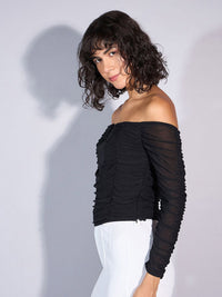 SASSAFRAS Striped Off-Shoulder Net Bardot Top