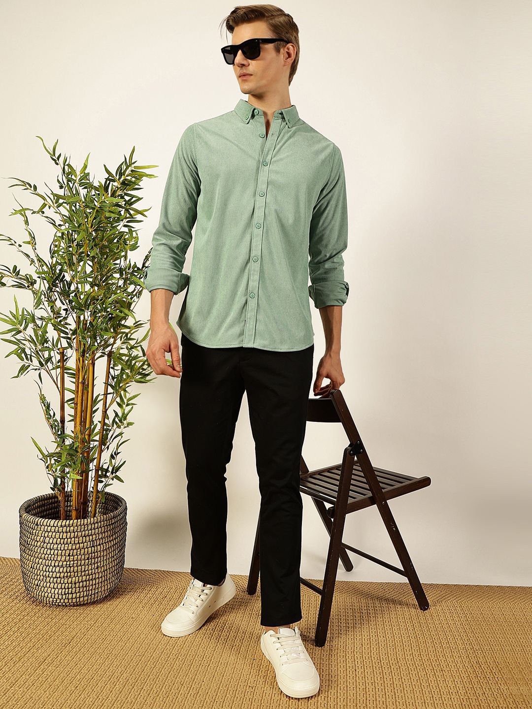Thomas Scott Men Premium Corduroy Slim Fit Button-Down Collar Casual Shirt