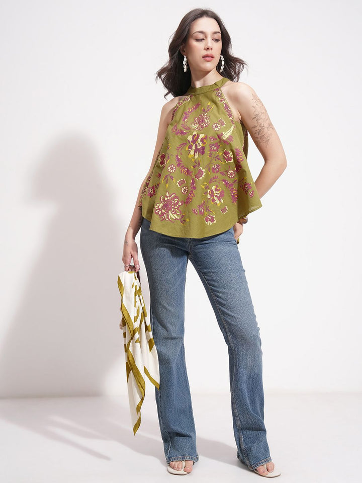 Vishudh Women Floral Print Halter Neck A-Line Cotton Top
