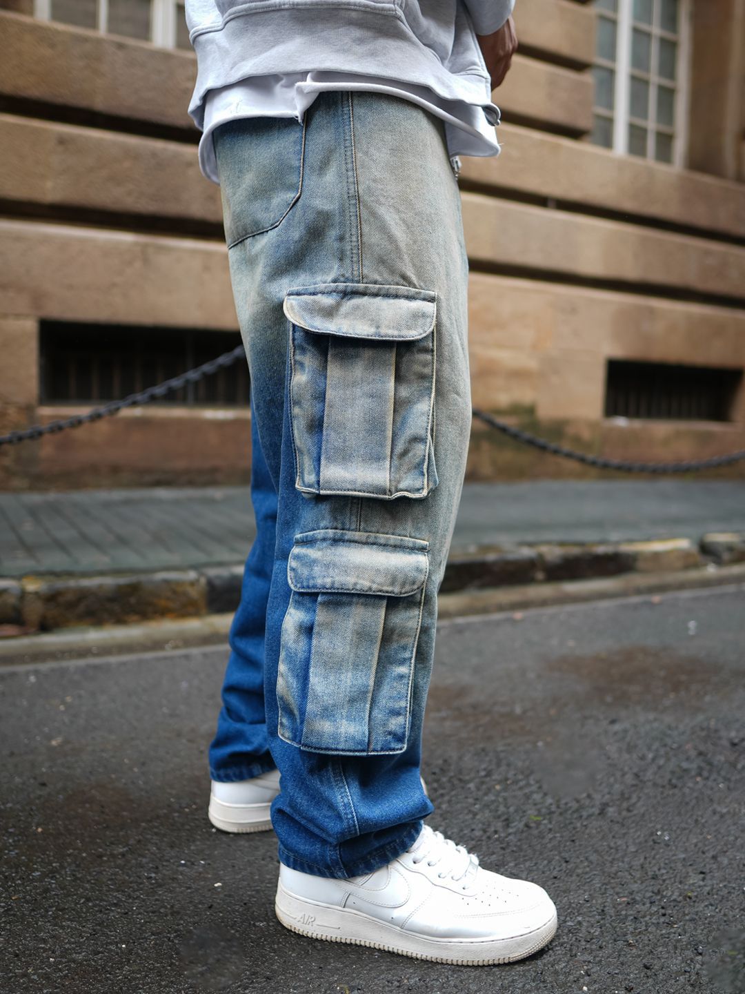 Powerlook Men Loose Baggy Fit Pure Cotton Denim Cargos