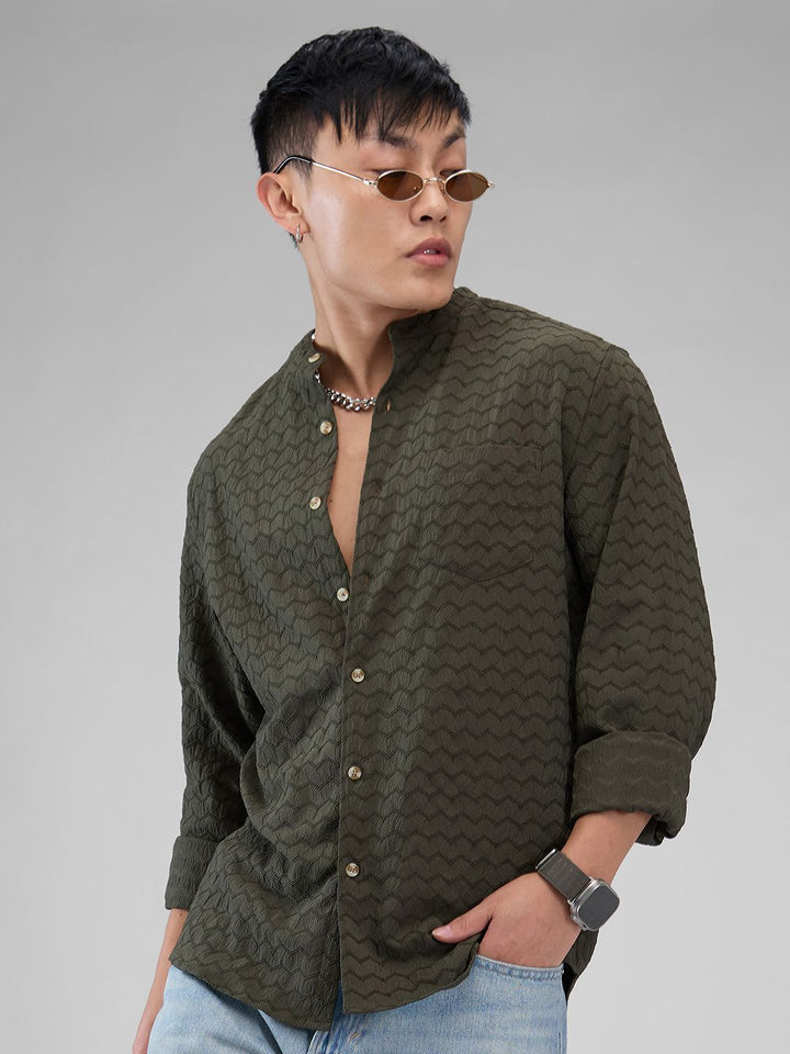 VASTRADO Men Classic Mandarin Collar Textured Casual Shirt