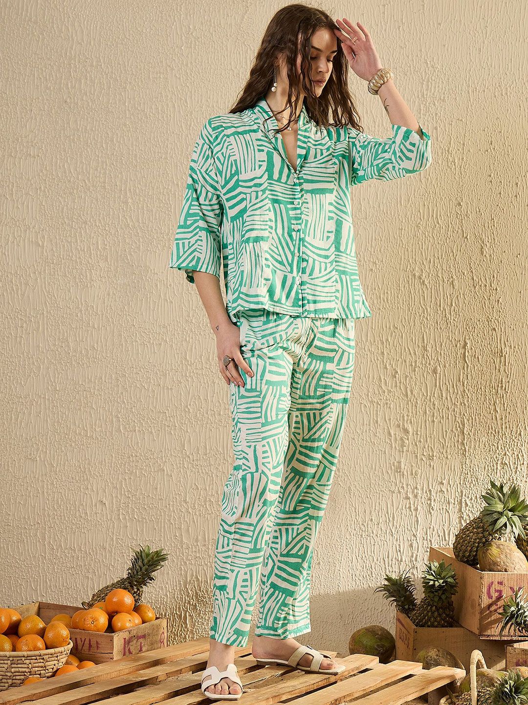 Sanskrutihomes Wanita Kapas Tulen Bercetak V- Night Night Suit