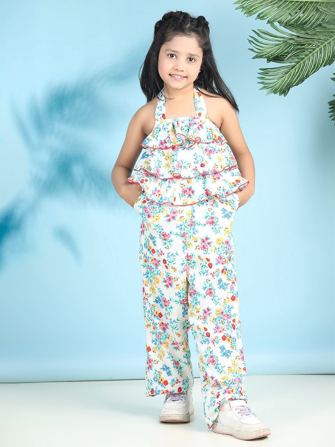 Cutiekins Girls Halter Neck Printed Basic Jumpsuit with Ruffles