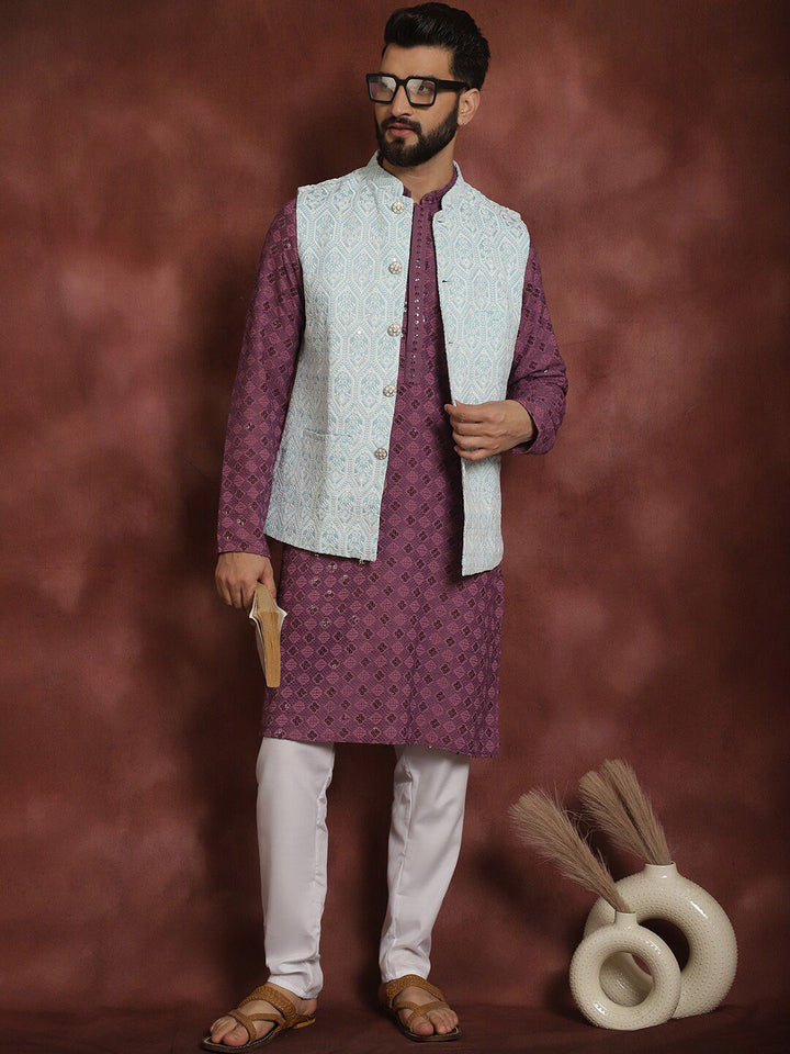 Anouk Ethnic Motifs Embroidered Regular Thread Work Kurta with Pyjamas & Nehru Jacket