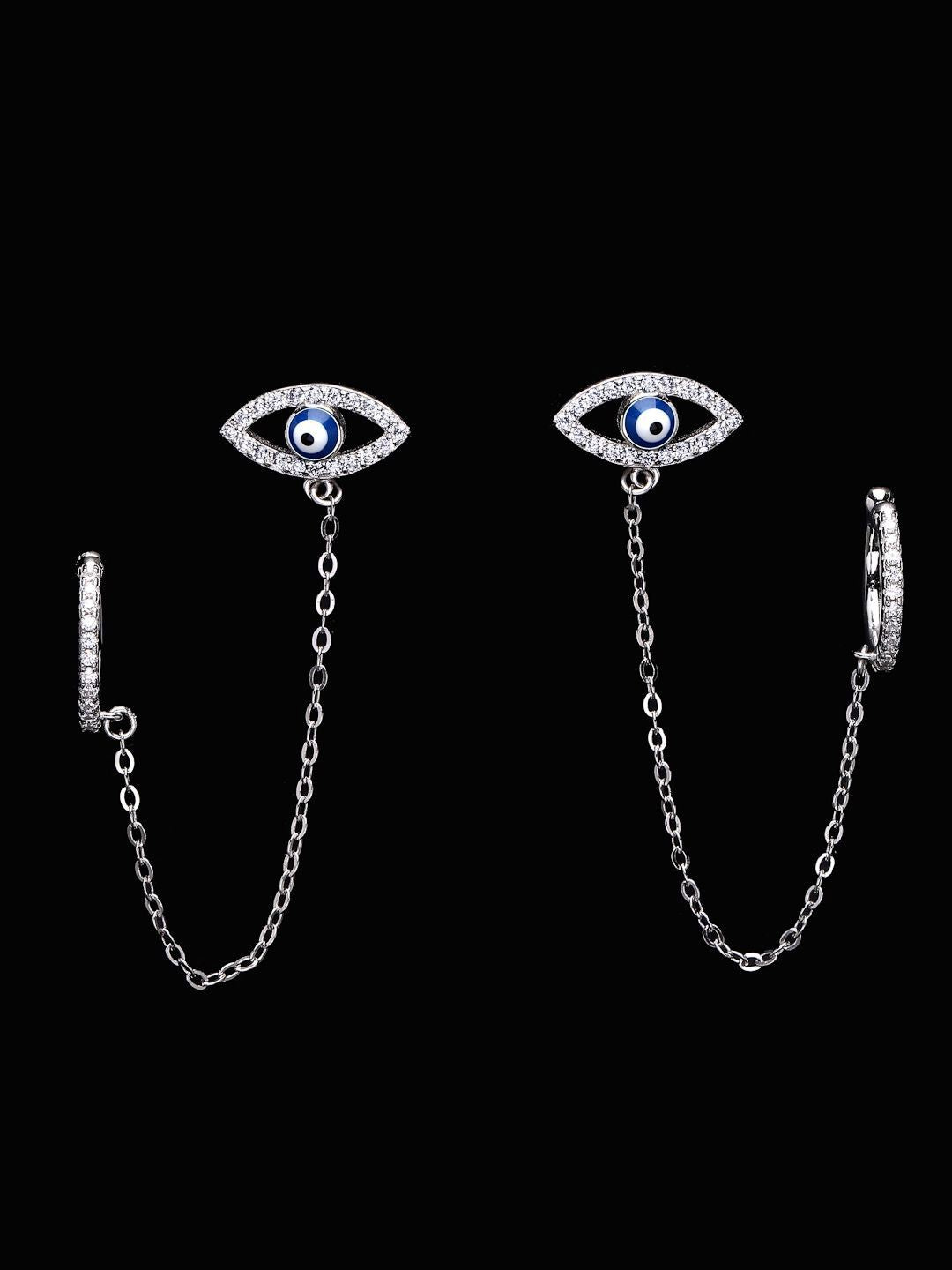 PANASH 925 Sterling Silver Rhodium-Plated CZ-Studded Ear Cuff Earrings