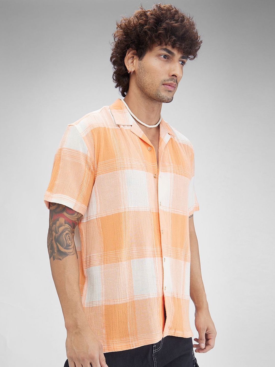 VASTRADO Men Classic Cuban Collar Checked Cotton Oversized Casual Shirt