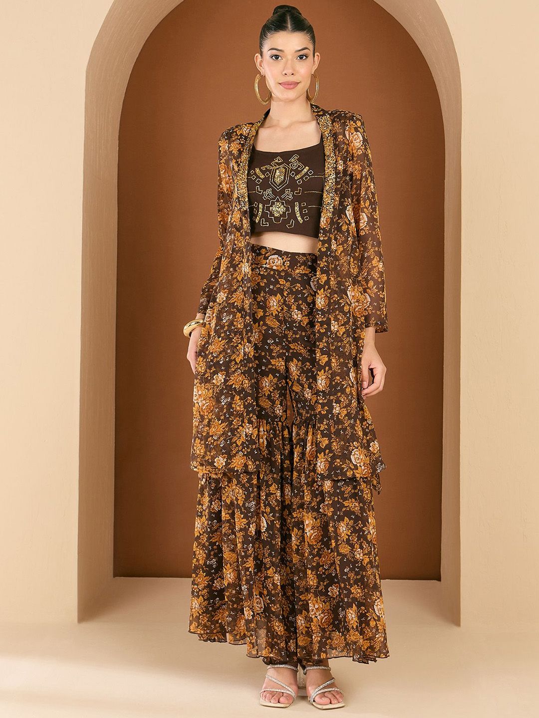 Antheaa embellished Printed Square Neck Top Jacket & Trousers Co-Ords Set
