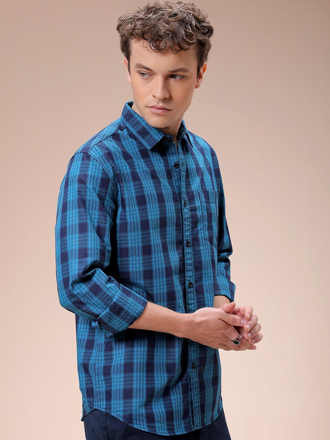 The Indian Garage Co Men Spread Collar Tartan Checked Cotton Slim Fit Casual Shirt