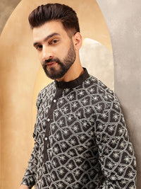 Anouk Black And White Floral Embroidered Band Collar Pure Cotton Kurta With Trouser