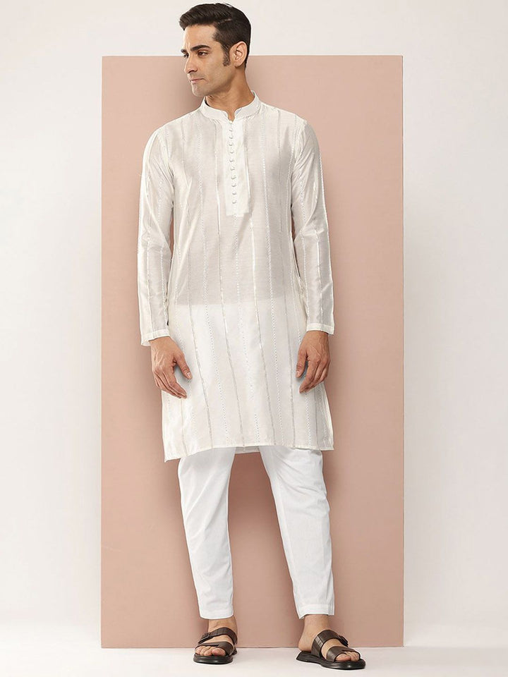 See Designs Mandarin Collar Striped Embroidered Sequinned Chanderi Silk Straight Kurta