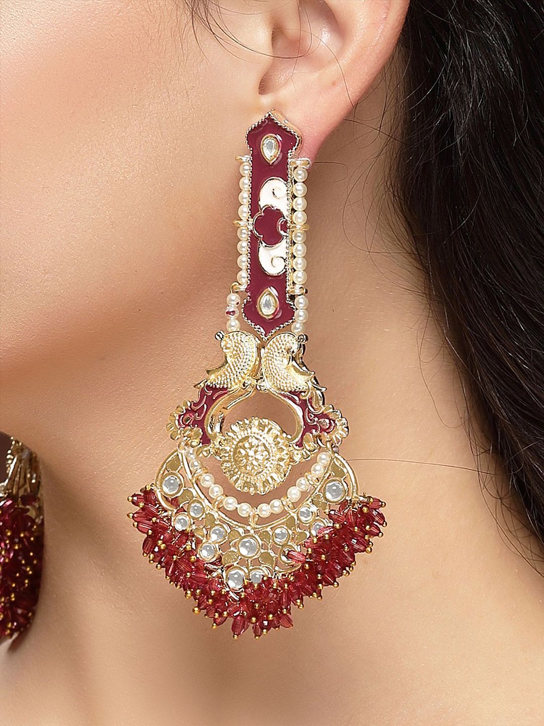 KARATCART Gold-Plated Contemporary Meenakari Kundan Crystal Studded Drop Earrings