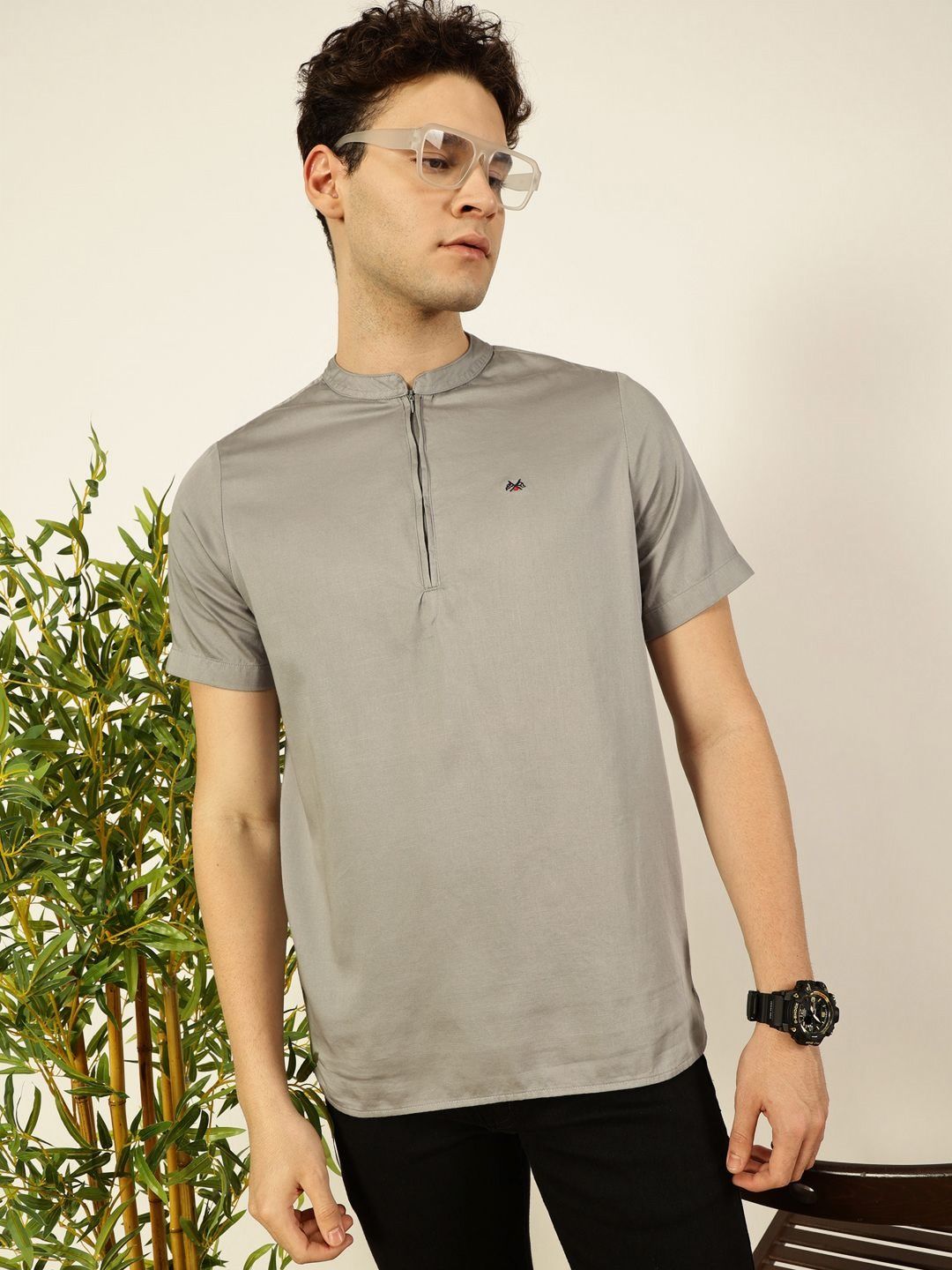 Thomas Scott Men Solid Mandarin Collar Cotton T-Shirt
