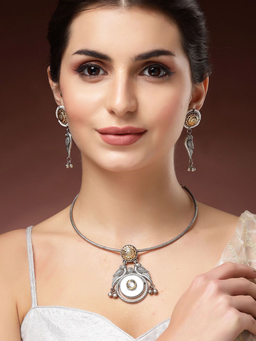 KARATCART Silver-Plated Oxidised Peacock Design Hasli Jewellery Set