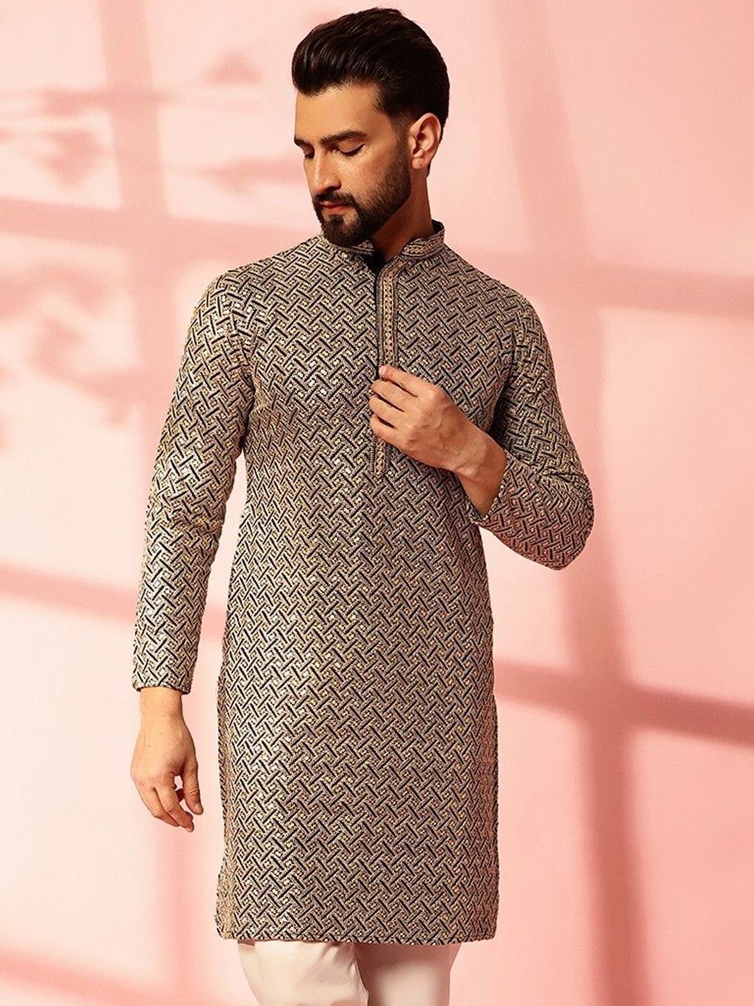 Anouk Geometric Embroidered Mandarin Collar Sequinned Cotton Straight Kurta