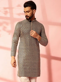 Anouk Geometric Embroidered Mandarin Collar Sequinned Cotton Straight Kurta