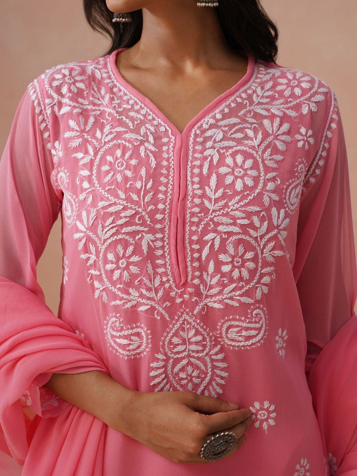 House of Chikankari Women Embroidered Thread Work Georgette Kurta
