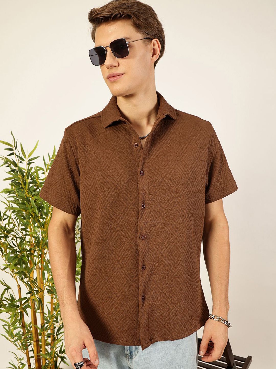 Thomas Scott Men Classic Spread Collar Textured Printed Oversized Casual Shirt