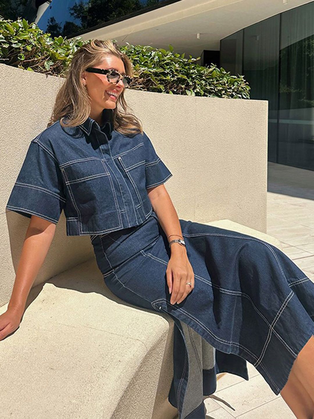 all about you Indigo Edge Denim Self Design Shirt Collar Crop Shirt & Skirt