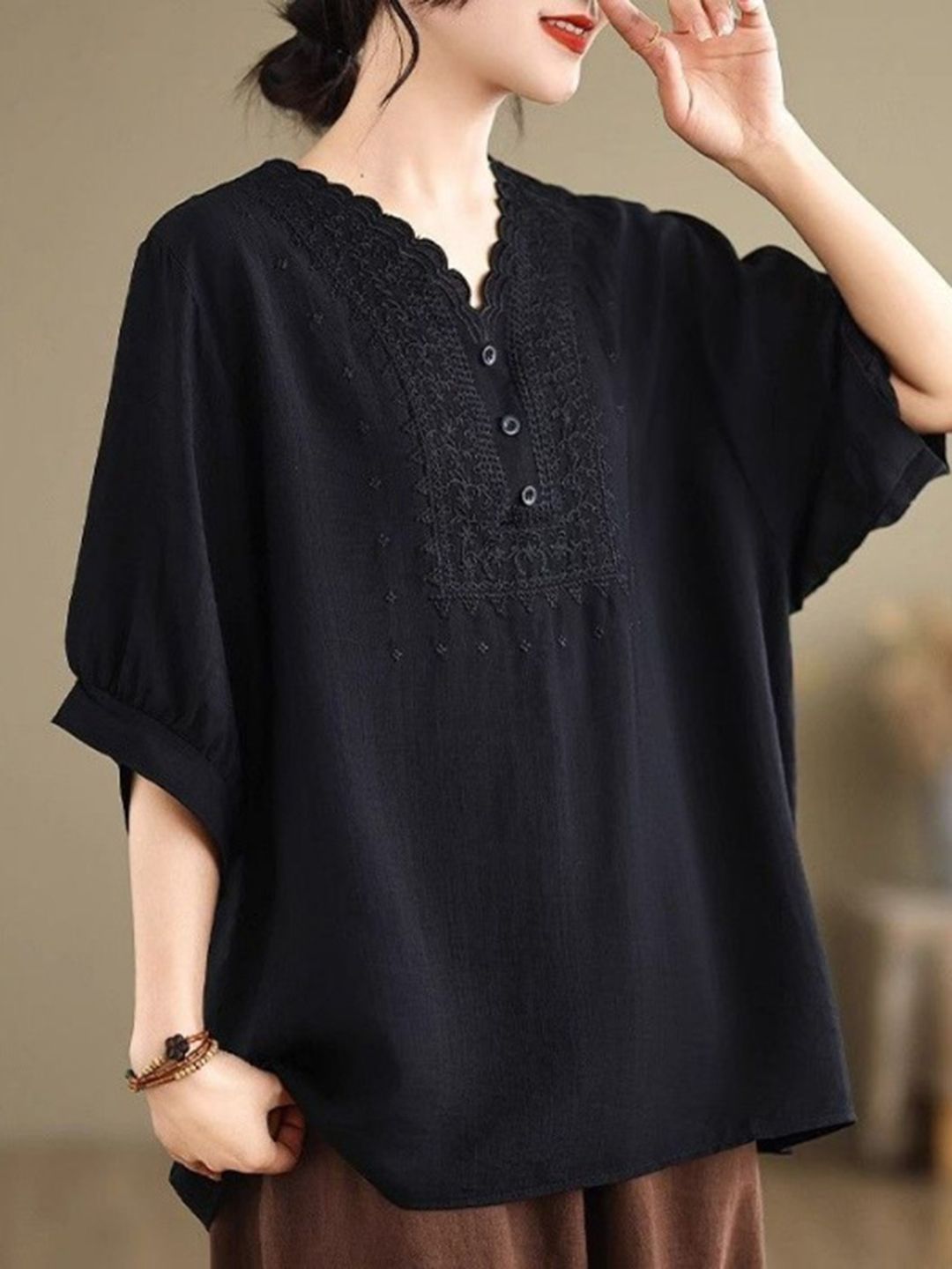 DressBerry Women Solid V-Neck Extended Sleeves Cotton Top