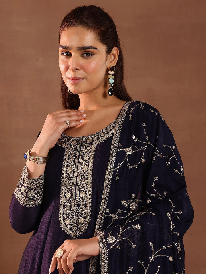 Libas Womens Purple Embroidered Anarkali Kurta With Trousers & Dupatta