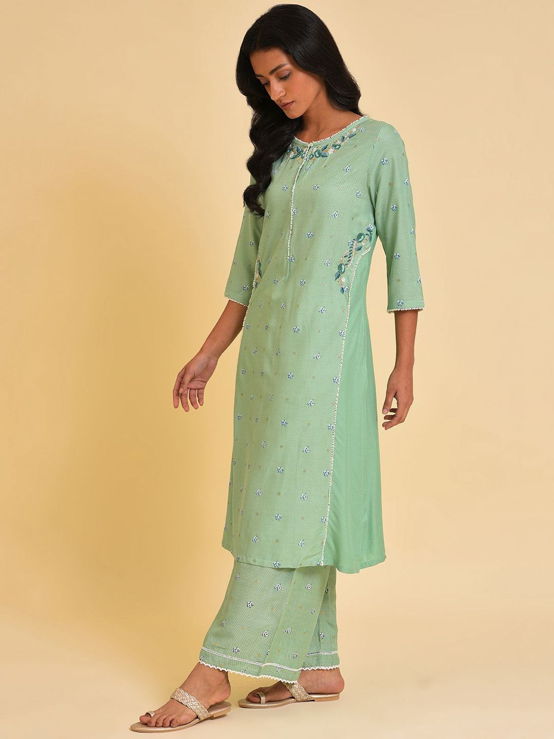 W Floral Embroidered Thread Work A-Line Kurta
