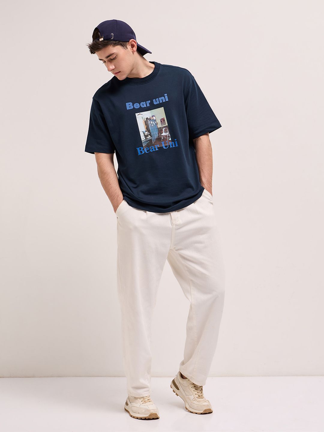 THE BEAR HOUSE Men Graphic Printed Round Neck Pure Cotton Oversized T-shirt