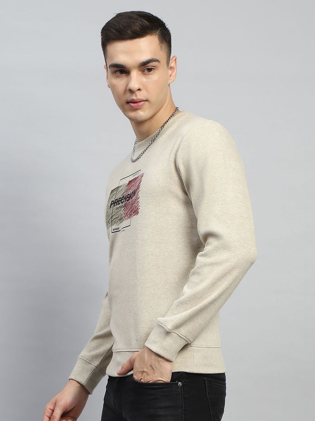 Monte Carlo Men Cotton Beige Round Neck Long Sleeves Printed Sweatshirt
