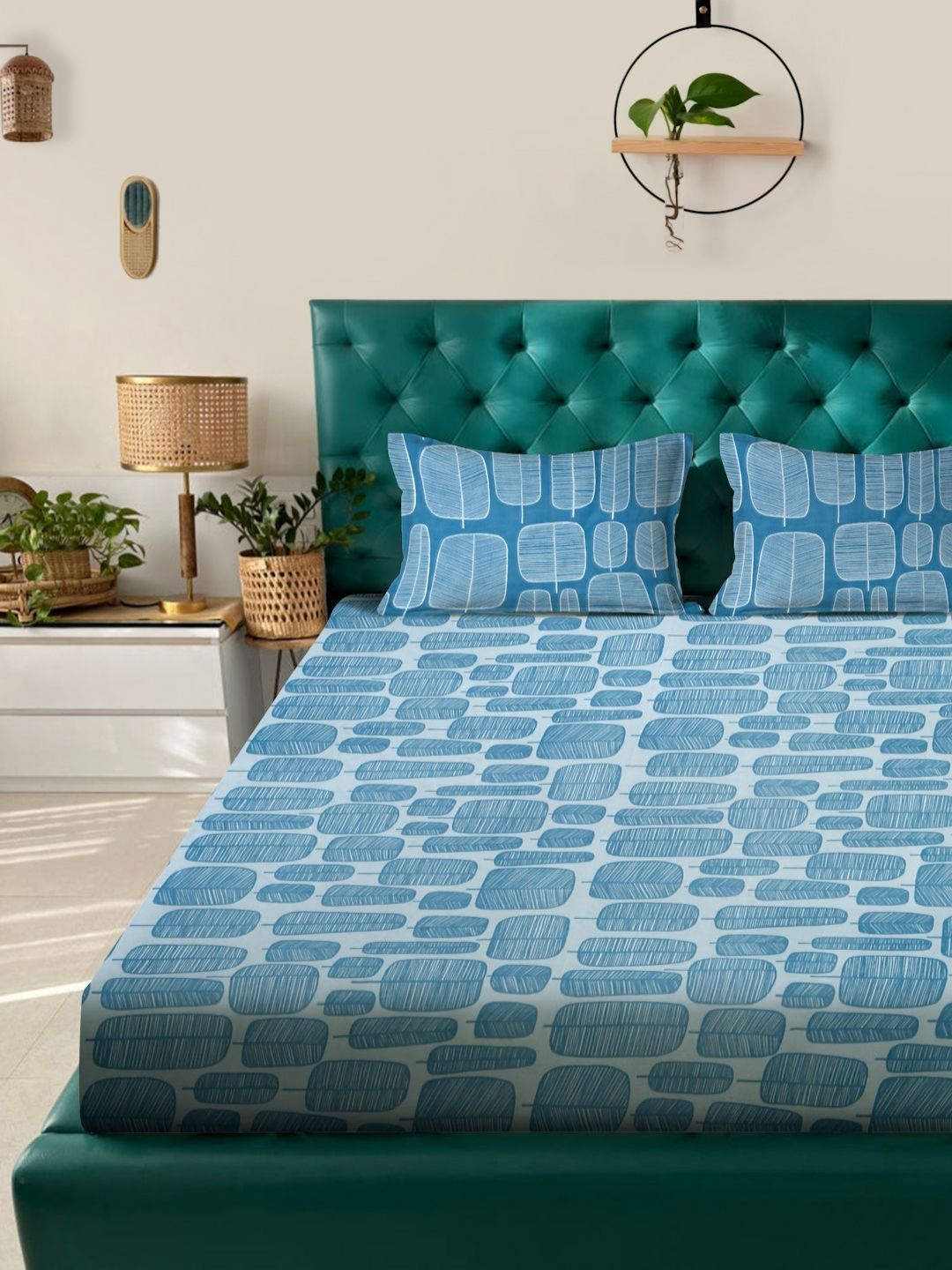 Myntra Elegant Homes Turquoise Blue Printed 300 TC King Bedsheet Set 2.50 m x 2.20m