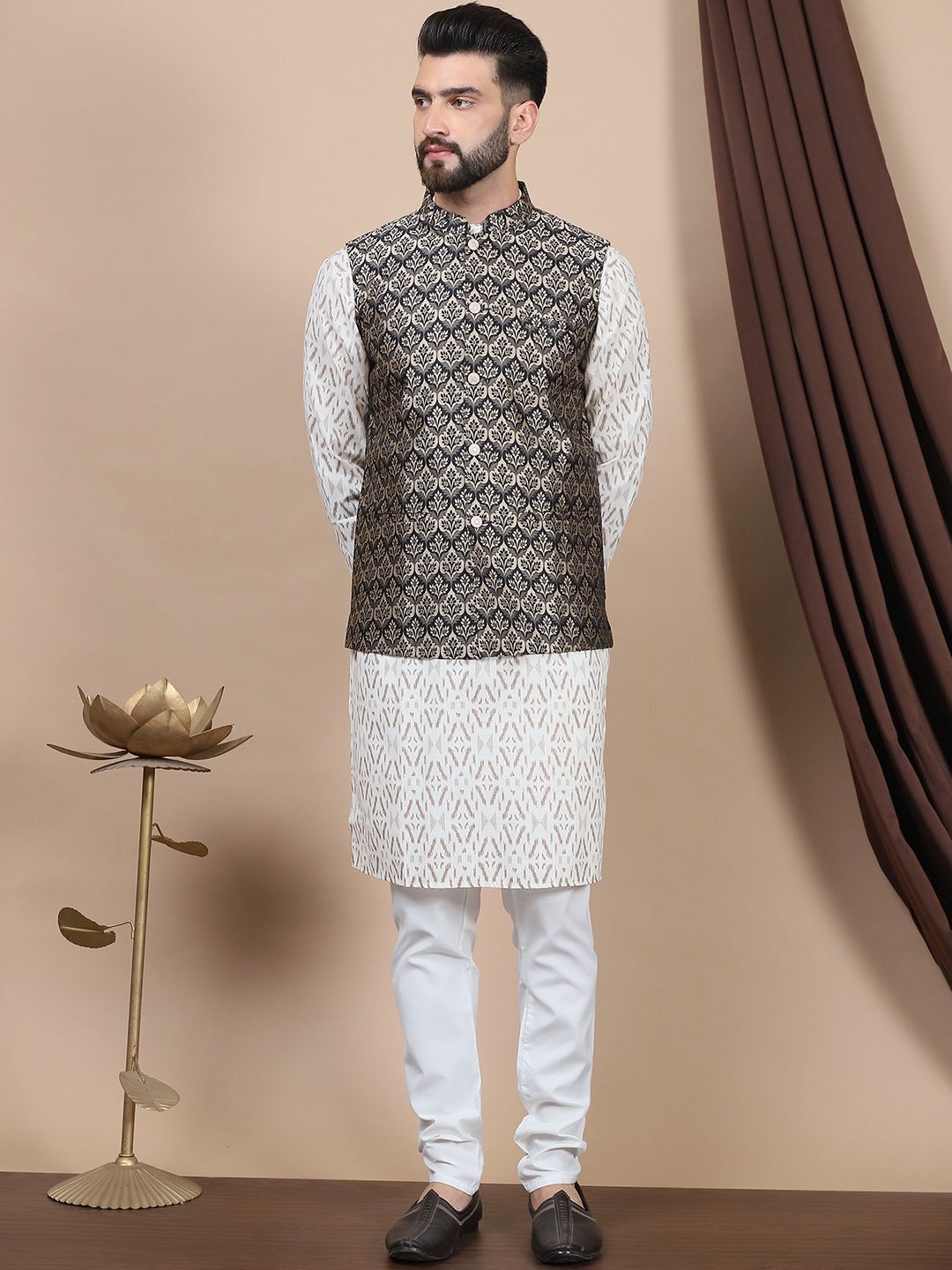 Anouk Black Printed Straight Pure Cotton Kurta with Churidar