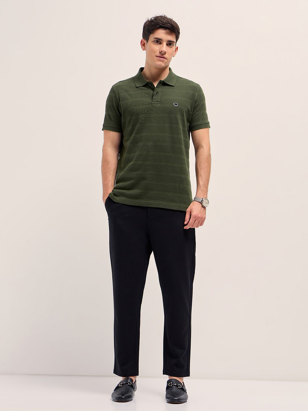 THE BEAR HOUSE Men Striped Polo Collar Pure Cotton T-shirt