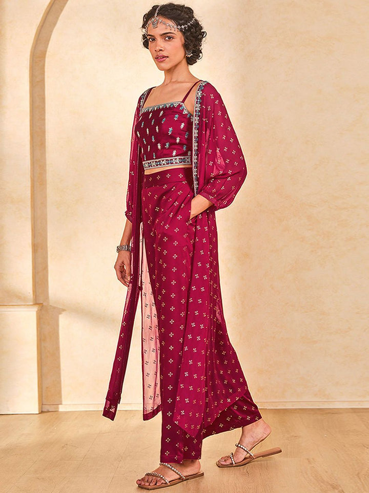 Global Desi Floral Printed Top & Trouser With Shrug Co-Ords