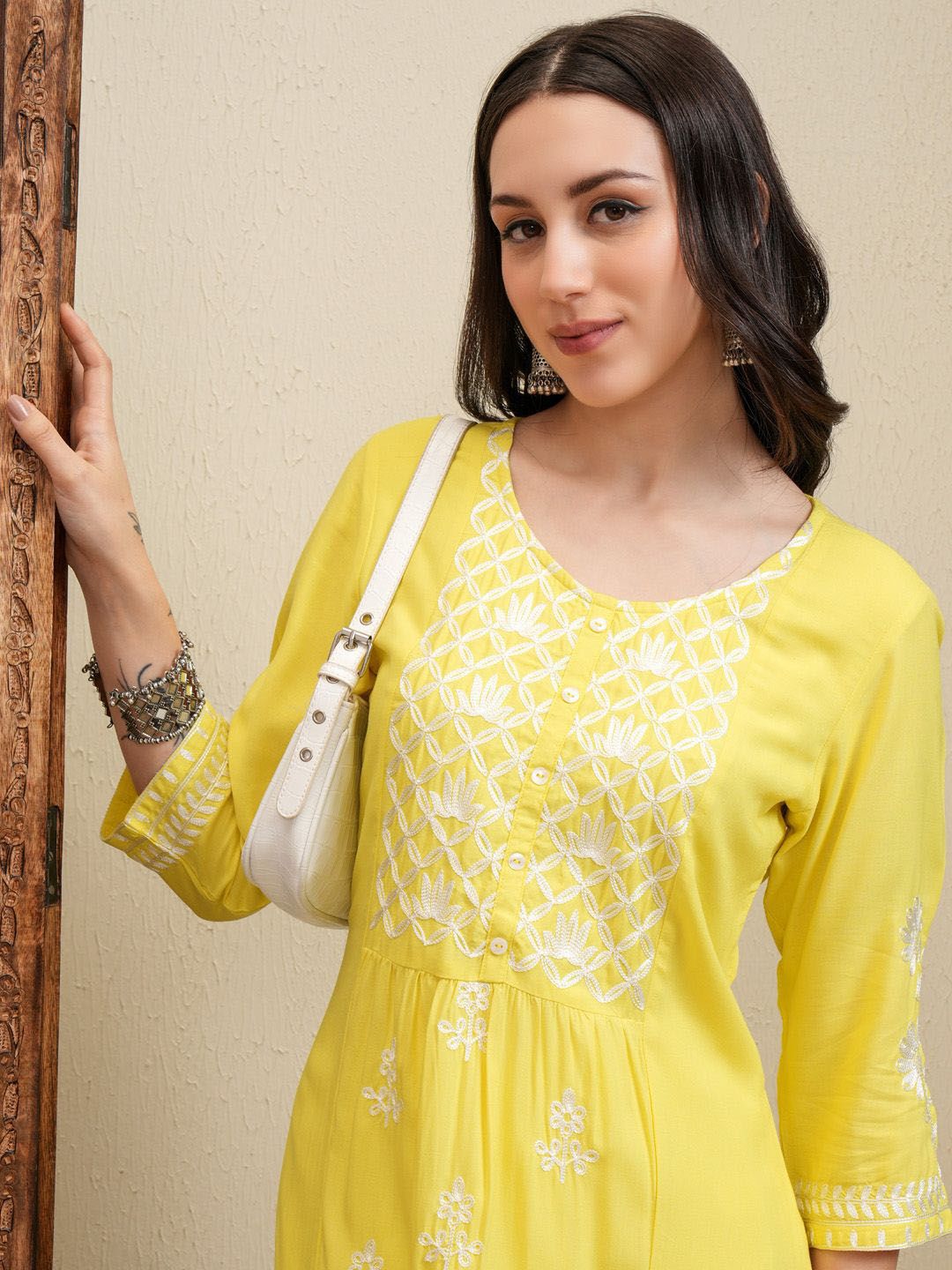 Vishudh Yellow Floral Embroidered Round Neck Thread Work Straight Kurta With Palazzos