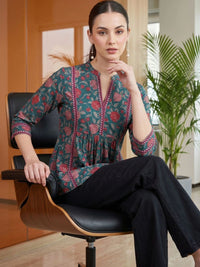 Mamicha Floral Print Mandarin Collar Cotton Peplum Top