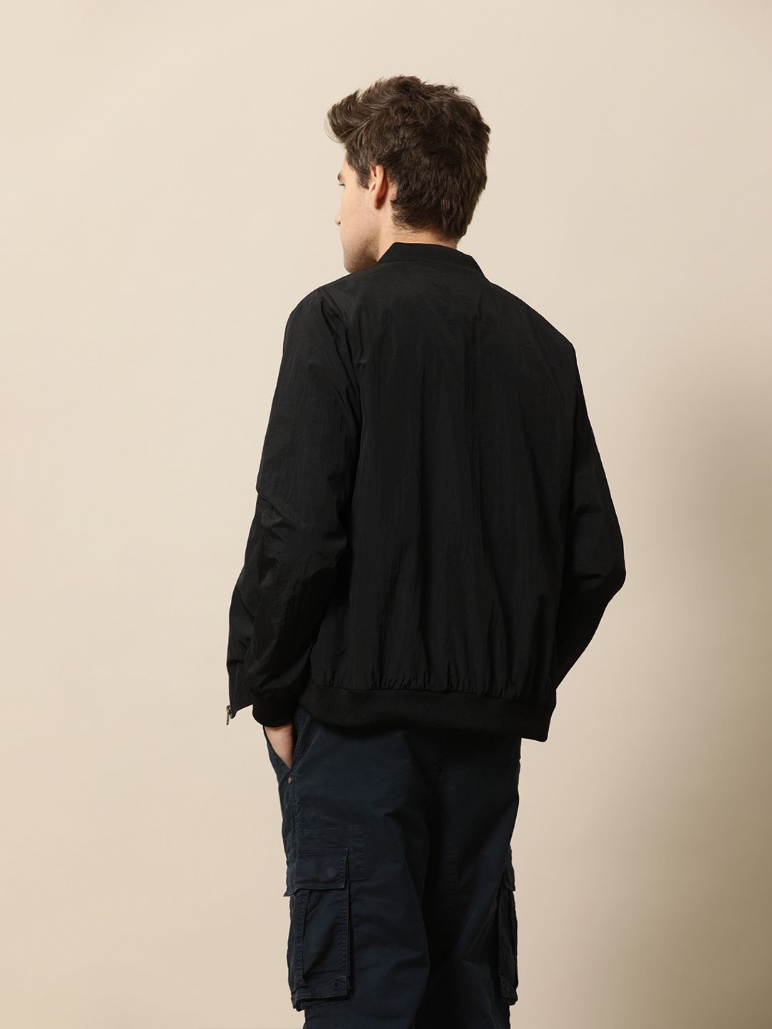 Mr Bowerbird Men Black Solid Lightweight Mandarin Collar Bomber Jacket