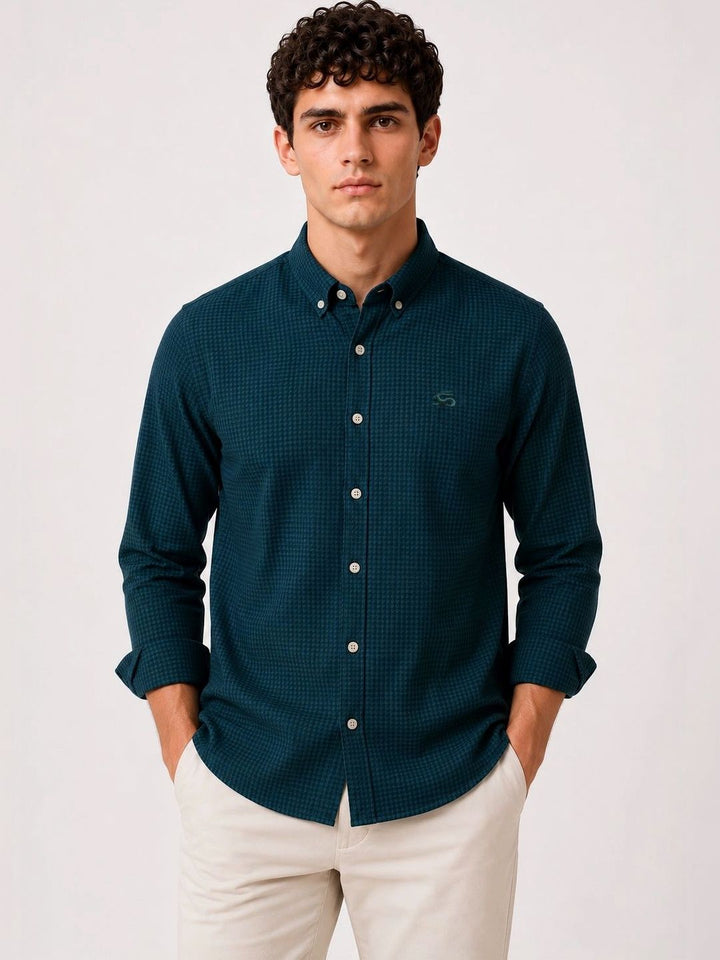 ADRO Men Teal Blue Mini Checked Regular Fit Casual Cotton Shirt