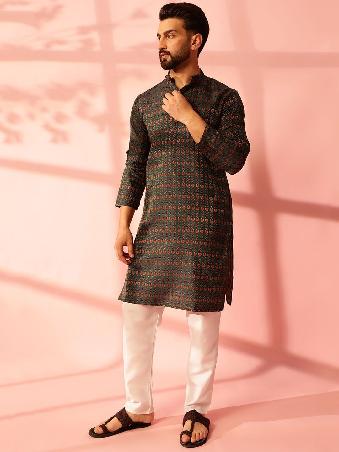Anouk Ethnic Motifs Printed Jacquard Silk Straight Kurta