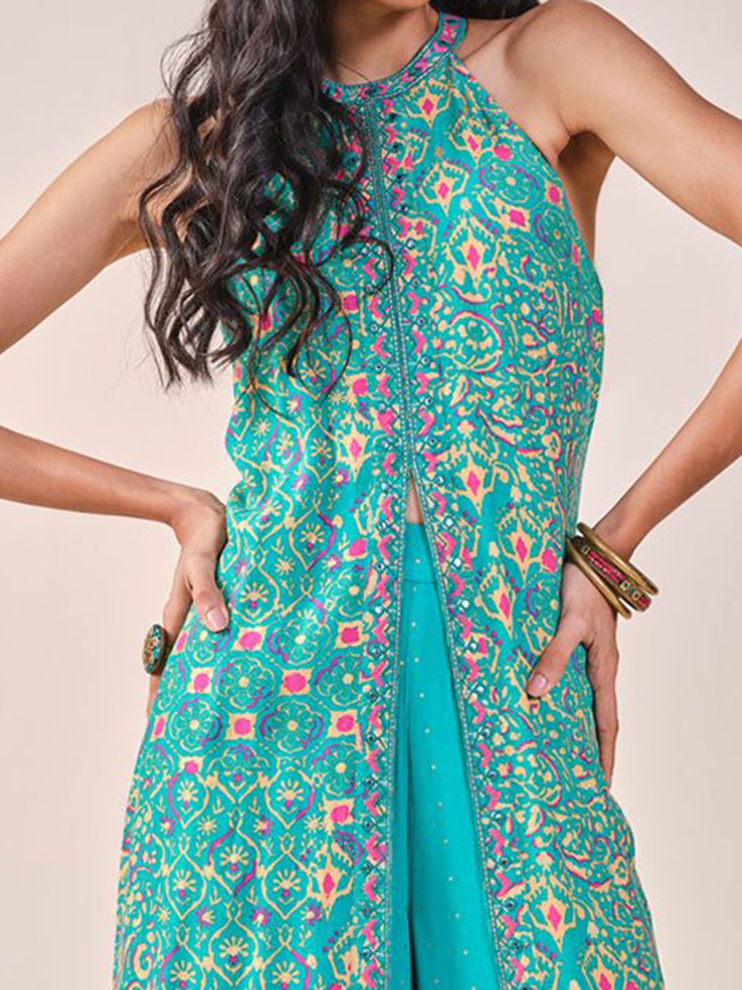 Global Desi Ethnic Motifs Printed Halter Neck Kurta with Palazzos